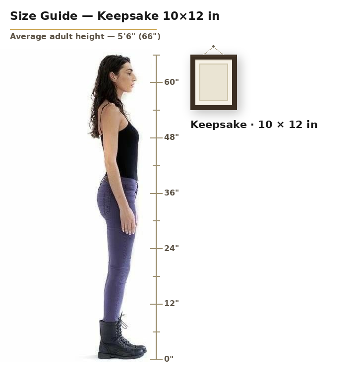 Signature 10 by 12 inch portrait shown to scale next to an average adult